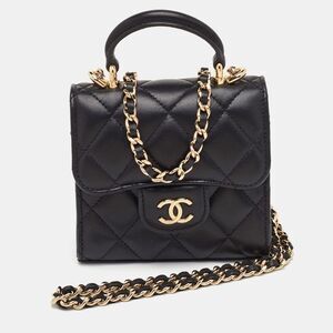 Chanel Extra Mini Black Quilted Leather Cc Flap Top Handle Bag